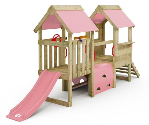 Wickey My First Playground 2 Parco giochi per bambini in prima infanzia, struttura da arrampicare, gioco da giardino per bambini in legno massiccio impregnato con scivolo e telone (rosa pastello/rosa
