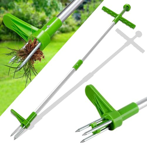 Plstod Unkrautstecher, Unkraut Entferner Gerät Länge 100cm, Gartenkralle mit 3 Kiefer und Kunststoffe-Pedale, Gartenkralle mit Stiel, Gartengeräte für Effizientes Entfernen von Unkraut