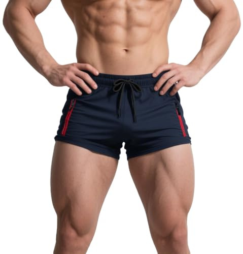 Muhshoiy Herrbadbyxor, Luftiga Bomullsfoder med 2 Fickor, Strandshorts Badshorts för Män Elastiska Träningsshorts Justerbara med Dragsko Blå L