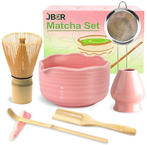JBER Matcha Kit 7 Piezas - Kit Té Matcha Completo con Tazón de Matcha con Pico, Batidor de Bambú (Chasen) y Accesorios Completos, Perfecto para Ceremonias Japonesas y Lattes Caseros, Rosa
