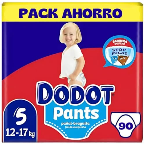 Dodot Bebé Pants Pañales, Talla 5, 12-17 kg, 90 Pañales, Pañal-Braguita con Ajuste 360° Anti-Fugas, Pack Mensual