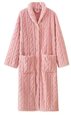Långärmad husklänning för kvinnor knapphandduk badrockar för kvinnor varm vinter hus rock vinter badrock pyjamas fleece mjuk lätt rock med fickor långärmad nattlinne, Rosa, XL