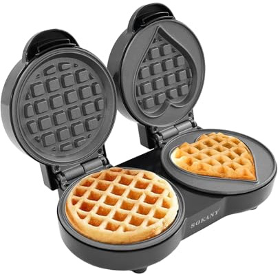 Piastra per waffle 1100 W, doppia cialda belgia, rotonda+cuore, piastre antiaderente, scanalatura per troppopieno