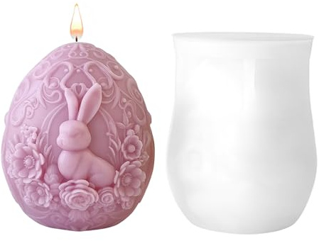 JVHLOV Molde de Silicona de Pascua 3D con Conejo y Huevo – Molde para Velas DIY y Decoración Velas de cera de soja regalos de Pascua (Conejo sentado)