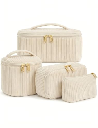 WELLTURN Set da 4 Beauty Case Donna in Velluto a Coste, Pochette Trucco con Manico, Grande Media Piccola Mini, Organizer Cosmetici per Viaggio e Uso Quotidiano, Beige