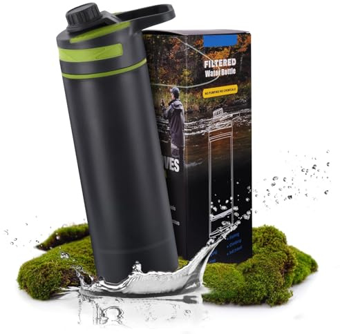 flintronic 800ML Purifier Water Filter Bottle, Portable Press Water Bottle with Filter, Reusable Water Filter Bottle for Outdoor, Hiking, Camping, Survival and Travel, Green