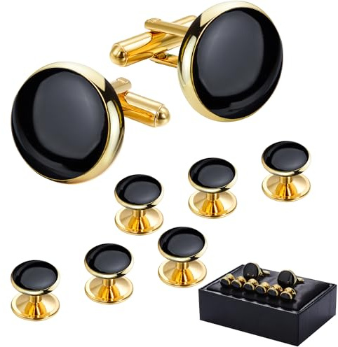 Men’s Cufflinks and Tuxedo Studs Set with Gift Box; Men’s Jewelry or Accessories Suitable for Black Suit White shirts vest and Red Bow tie on Wedding or Anniversary and Birthday