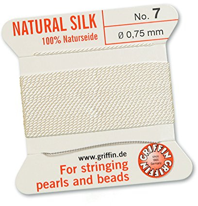Cordon/cordelette/fil pour enfilage de perles 100 % soie naturelle avec aiguille Blanc - 2 mètres - 13 tailles disponibles, blanc, 0.75mm