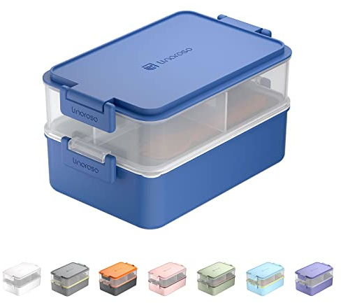 Linoroso Bento Lunch Box for Adults with 3 Compartments Lunchbox with Sauce Container and Utensils, Bento Boxes for Microwave and Dishwasher Plastic BPA-Free As Sandwich Snack Salad Box - Classic Blue