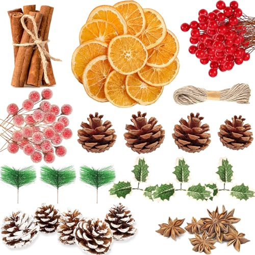 Christmas Wreath Making Supplies, 205 Holly Leaves and Berries for Craft, Dried Orange Slices and Cinnamon Sticks, Star Anise, Pinecone Berries Garland Making kit for Xmas Decor Fall Winter Crafts