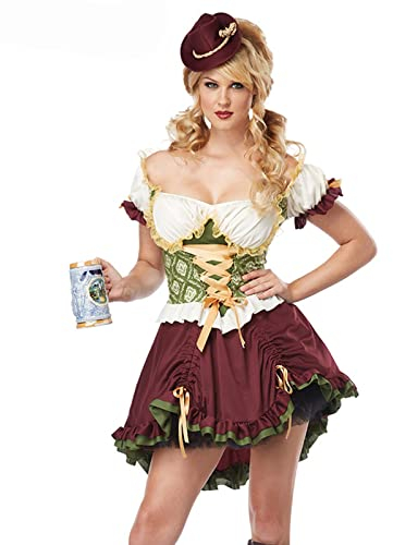Damen Dirndl Kurz mit Trachtenhut Trachtenkleid Langarm Dirndlkleid Mini Trachten Kleid Dirndel Trachtenmode Dirndelkleider Dirndl & Dirndl-Sets für Damen Mädchen Oktoberfest Outfit