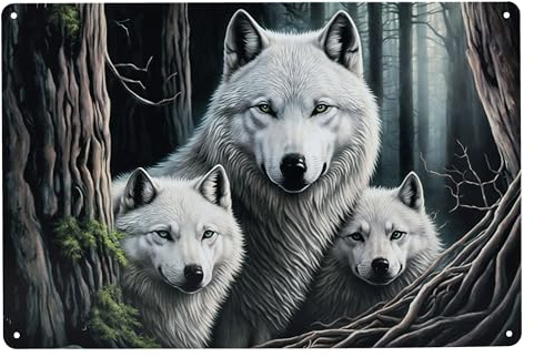 Cartel de chapa de metal con diseño de lobo y madre con niño, color blanco, 30 cm