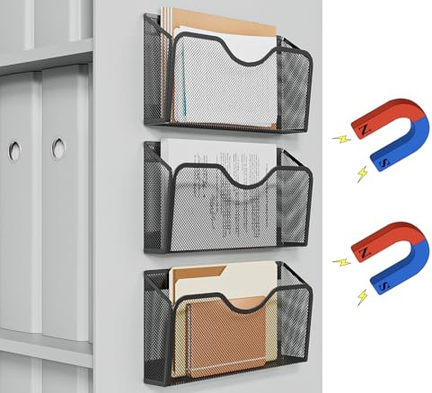 JANE EYRE Magnetic File Holder - 3PCS File Paper Mail Organizer No Drilling Magazine Paper Document Holder/Magnetic Hanging File Organizer for File Cabinets, Office, Whiteboard, BLACK