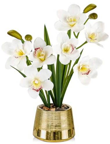 Fiori artificiali Cymbidium in oro, vaso di ceramica artificiale, orchidee, fiori artificiali, come veri con fiori real-touch, decorazione da tavolo, davanzale, bianco
