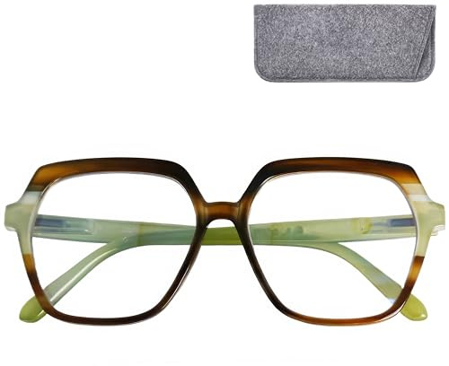 Mini Brille - Lunettes Anti Lumière Bleue Oversize Hexagonale, Boite Inclus, Grande Monture en Plastique (Colorées verde), Lunettede Lecture Femme + 1.5 Dioptrie