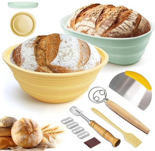 Cestino per Lievitazione del Pane, 22cm Rotondo & 26cm Ovale Cestino per la lievitazione del pane in silicone Banneton, Una Frusta da Impasto, una Spatola, un Taglierino da Pane con 5 Lame extra