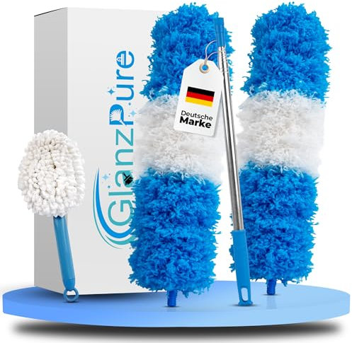 GlanzPure Staubwedel Teleskop-lang ausziehbar bis 2,5m und waschbar,biegbarer und kratzfreier Staubwischer mit Teleskopstange,Spinnenwebenentferner für hohe Decken,Mikrofasern Staubmagnet