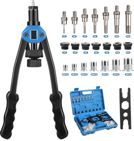 Nietmutternzange Set, 14 Nietenzange Set, Gewindenieten Zange Set, mit 300 Nietmuttern, 7 Stück Metrischen Dornen in M3-M12, Nietmuttern-Gewindesetzer und Tragetasche
