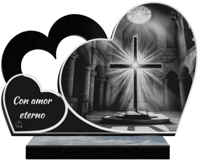 ETERNEL - Targa Funeraria Personalizzata Doppio Cuore - Croce Cristiana, Chiesa, Cristiano - Testo personalizzabile, targa funeraria incisa al laser per omaggio, targa mortuaria, tombale, esequie