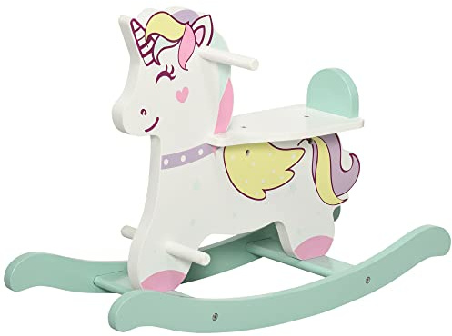 HOMCOM Caballo balancín para niños de 1 a 3 años, caballito balancín con asas, respaldo y pedales de MDF, 68 x 27 x 47,5 cm, azul, rosa y blanco