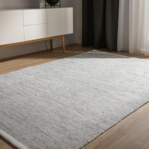 benuta Basic Alfombra Algodon Ron - Beis/Negro 140x200 cm - 100% Tejida a Mano - Estilo: Uni, Minimalista, Natural - Fácil Cuidado para Salon, Sala de Estar y Dormitorio