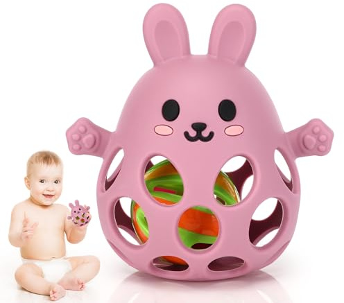 Greifball Für Babys, Teething Ring Baby Toy, Montessori Spielzeug, BPA-Free Zahnungshilfe & Greifball, for Senses and Chew Development,Baby Geschenk Für Babys Von 3-18 Monaten (Light Pink, Rabbit)
