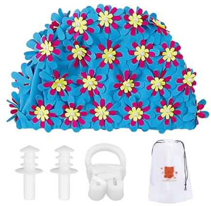 TVSVKWE 1 Piece Flower Swimming Cap, Earplugs, Nose Clip & Bear Storage Bag, Ladies' & Kids' Swim Equipment, Lake Blue