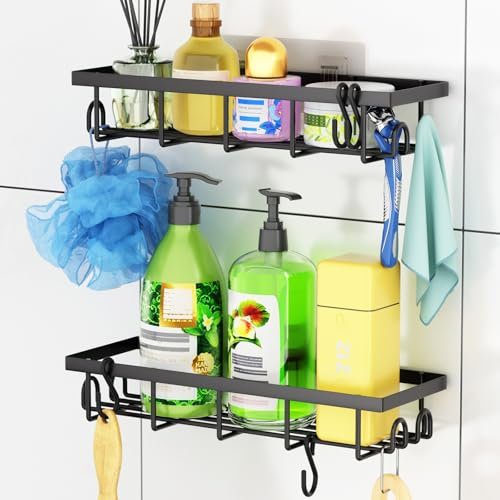 SUMAITech Mensole Doccia da 2 Pezzi, Mensola Doccia Senza Foratura, Portaoggetti Doccia con 4 ganci Removibili, Impermeabile e Antiruggine, Organizer Doccia Mensola Bagno Adesiva, Nero