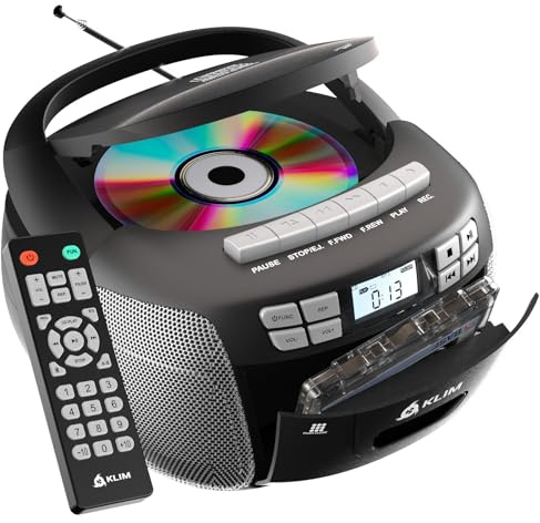 KLIM CD Player - Reproductor Cassette, Am/FM Radio CD y Bluetooth, Control Remoto, Radio Cassette con CD-R y Grabación en Cinta, USB, AUX, Reproductor CD-R con Sonido Estéreo - Plata