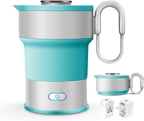 Mini hopfällbar vattenkokare, resevattenkokare, 0,6 l praktisk, dubbel spänning med botten i rostfritt stål 110-240 V, 8 cm höjd efter hopfällning