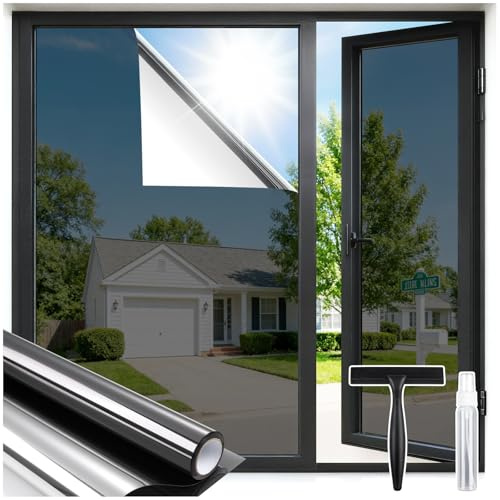 rabbitgoo Reflective Window Film Privacy with Tool, Black Silver 60x200cm | Heat Reflect One Way Privacy Film for Glass Windows Mirror Tint Static Cling Anti Glare UV, Sun Blocker for Home, Office