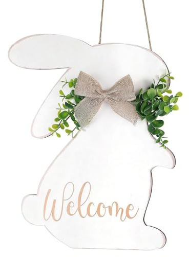 Easter Bunny Door Hanger Welcome Sign for Front Door Rustic Wooden Easter Decorations easter Hanging Sign Bunny Rabbit Peeps Hanging Decor for Spring Holiday Farmhouse Home Wall Decor
