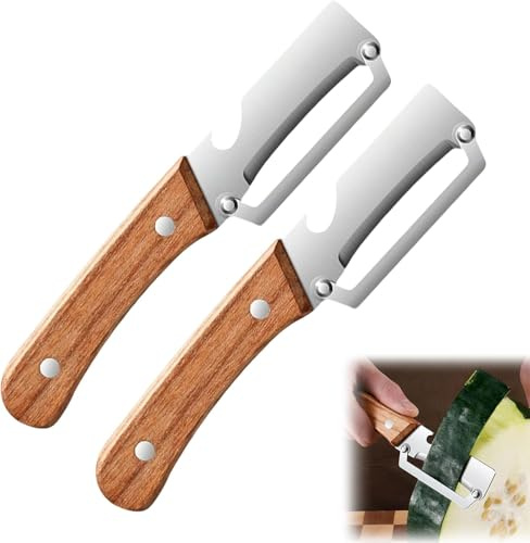 Stainless Steel Vegetable Peeler with Wooden Handle, Ergonomic Potato Peeler Fruit Slicer, Sharp Blade for Carrot, Apple Kiwi Orange Easy Grip Kitchen Tool (2Pcs)