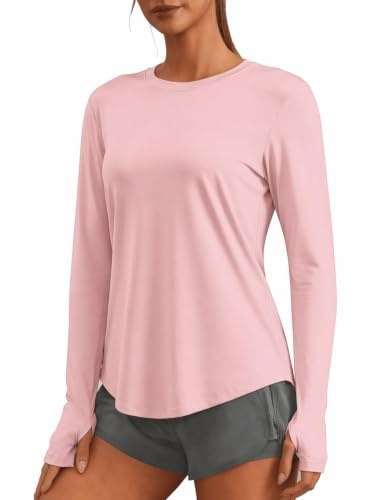 PINSPARK Camiseta De Gimnasio para Mujer Manga Larga Cuello Redondo Camiseta para Correr Elástica UPF 50 Protección Solar Camiseta Funcional Camiseta De Entrenamiento para Tiempo Libre Rosa Claro S