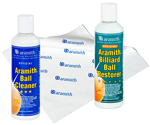 Aramith Bundle of 3 Items Billiard Ball Cleaner, Billiard Ball Restorer 8.4 fl.oz. Bottles & Aramith Microfibre Cloth