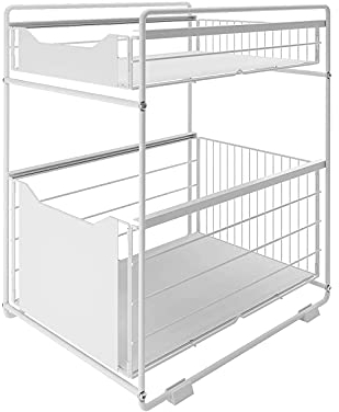 DAWNYIELD 2-stöckiger Organizer mit Schublade unter der Spüle, Schiebeschrank, ausziehbarer Korb, Gewürzregal, Snack-Organizer für Küche, Badezimmer, Schlafzimmer, Theke, Speisekammer, Büro, weiß