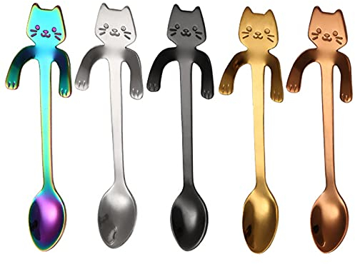 Floatdream 5 Pièces Cuillères à Café en Acier Inoxydable sous Forme de Chat, Chaton suspendu en acier inoxydable, pour milkshake, dessert et café (5 couleurs)