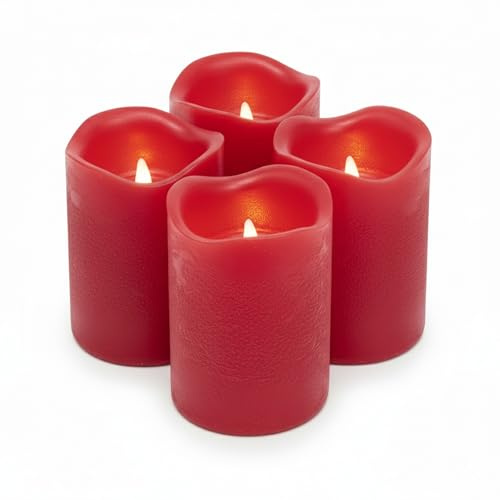 ToCi 4 x LED-ljus, ljusröd, Ø 5 x 7 cm, flamfria, äkta vaxljus med flimrande ljus och timer – LED-blockljus med på/av-strömbrytare – batteridrivna dekorativa ljus för advent och hem