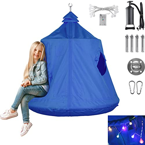 AthLike Hanging Tree Tent for Kid, Indoor Outdoor Hanging Tent, Waterproof Tree Ceiling Pod, Portable Hang Out Huggle Pod Play Tent w/Rainbow Lights String, Inflatable Base, 45 H x 44 W 330lbs