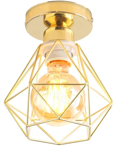 TOKIUS Lámparas de Techo Diseño de Jaula de Hierro Dorado Ø 16cm Vintage Lámpara Colgante Iluminación de Techo de Interior para Pasillo, Porche, Cocina, Dormitorio (# Plafón Oro)