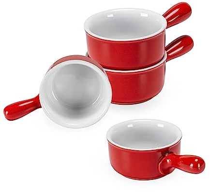 Henten Home 4pcs Bols à Soupe, Bol Petit Déjeuner à l'oignon en Céramique - 400ml, Bols avec Poignées pour 4 Personnes, Four et Lave-vaisselle Convient - Rouge