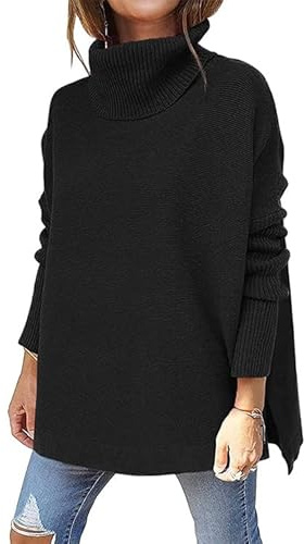 Rayson Pull Col Roulé Femme Pull en Tricot Décontracté De Couleur Unie Pull à Manches Longues Garder Au Chaud en Hiver Manche Chauve-Souris（Noir,L）