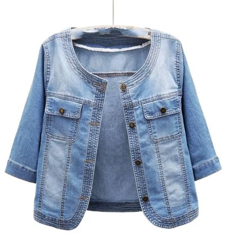 MEIZHAUNG Women'S Denim Jacket - Casual Coat Short Jeans Jacket For Women， Blue Roundneck Three Quarter Sleeve Denim Jacket ，Large Size With Pockets Washed Denim Top,Blue,Xl