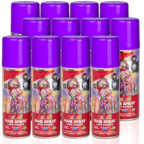Pack 12 Laca de Pelo Color Morado 125ml - Spray Colores para Cabello Rápida coloración, Lavable