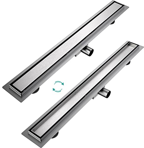 EMKE Duschrinne 80cm Edelstahl Befliesbar Komplettset Bodenablauf Dusche Siphon mit Geruchsstop und Haarsieb Randablauf, Duschablauf Ablaufrinne Dusche Doppelseitige Duschabfluss für Badezimmer