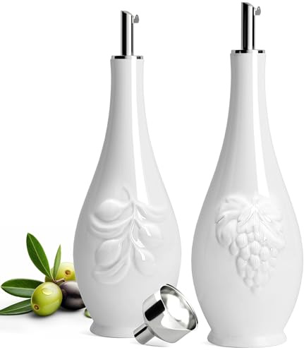 HOMBENE Porcelain Oil and Vinegar Dispenser Set, 16 oz Olive Oil Dispenser Bottle for Kitchen, Ceramic Cooking Oil Container, Oil Cruet w/Funnel, Dripless Spout, 480ml, 2 Pack