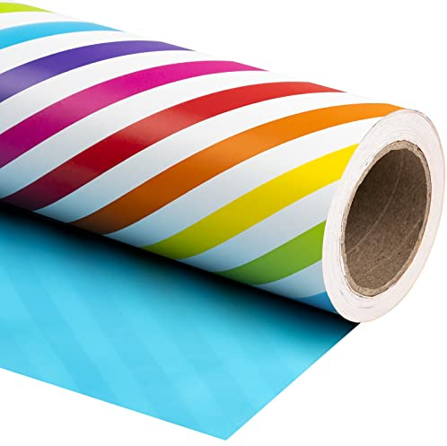 RUSPEPA Papier Cadeau Réversible- Mini Rouleau - 43,2 Cm X 10 M - Rayures Arc-En-Ciel Et Motif Bleu Uni Pour Anniversaire, Fête, Baby Shower