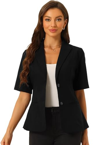 Allegra K Linen Blazers for Women Short Sleeve Cotton Lapel Collar Business Casual Blazer Jacket Spring Summer Outfits Medium Black