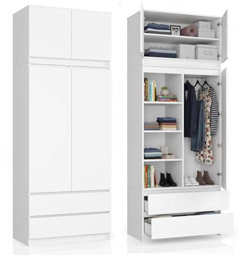 Home Collective Armadio bianco, armadio con 2 ante e 2 cassetti, larghezza 90 cm con estensione a 234 cm, armadio, camera da letto, soggiorno