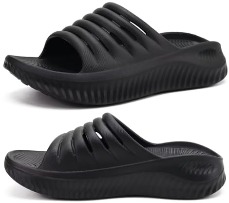 KuaiLu Womens Recovery Sandals Sport Comfort Arch Support Cushion Athletic Sliders Orthotic Plantar Fasciitis Open Toe Slip On Wide Thick Sole Sandal Summer Pool Beach Slippers Black Size 5